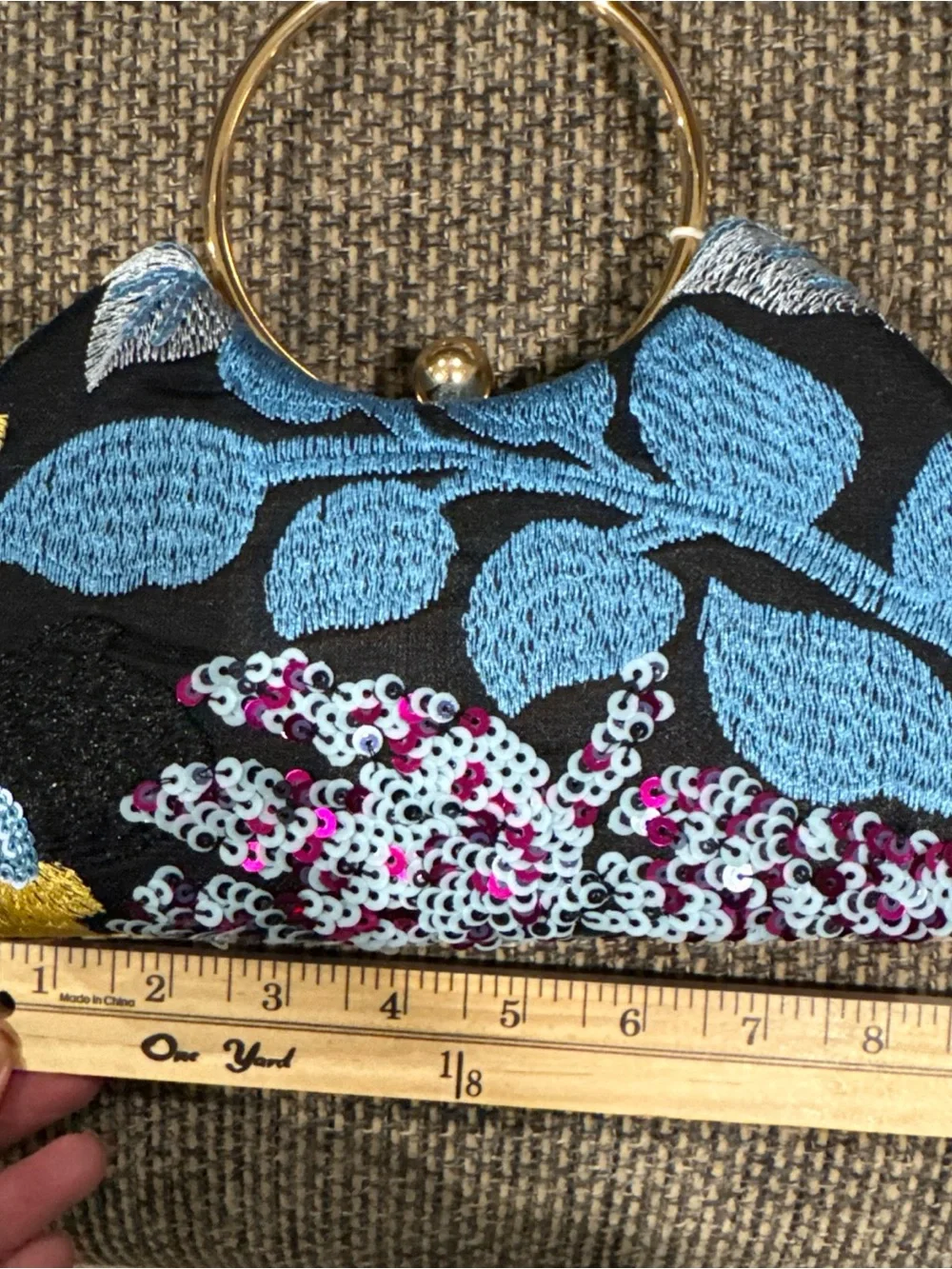 Urban Expressions Beaded Sequin Bag Brass Handle Blue Floral Kiss Lock